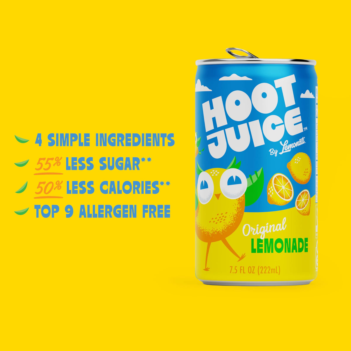 Lemonati Hoot Juice lemonade natural flavors convey bright, balanced taste.