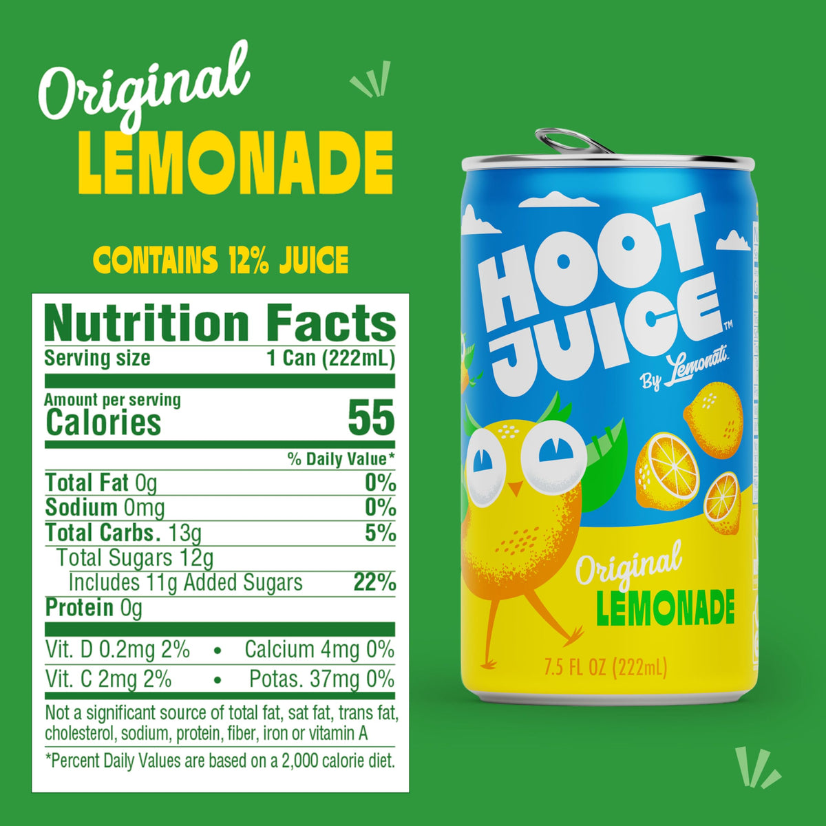 Lemonati Hoot Juice lemonade mini cans pack 24 demonstrates convenient, vegan-friendly refreshment.