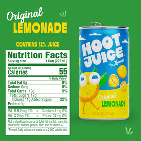 Lemonati Hoot Juice lemonade mini cans pack 24 demonstrates convenient, vegan-friendly refreshment.