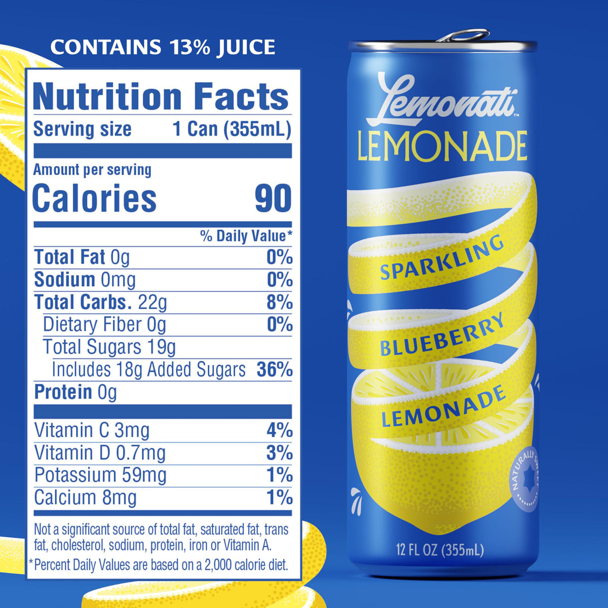Lemonati Sparkling Blueberry Lemonade can side panel highlights real ingredients and no artificial additives.