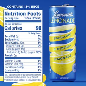 Lemonati Sparkling Blueberry Lemonade can side panel highlights real ingredients and no artificial additives.