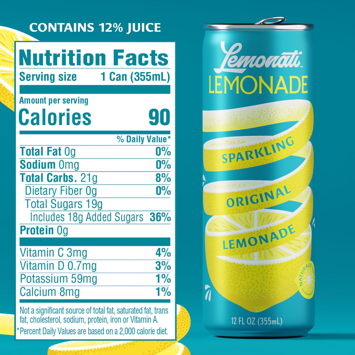 Lemonati Sparkling Lemonade can closeup with lemon slice; real lemon flavor.