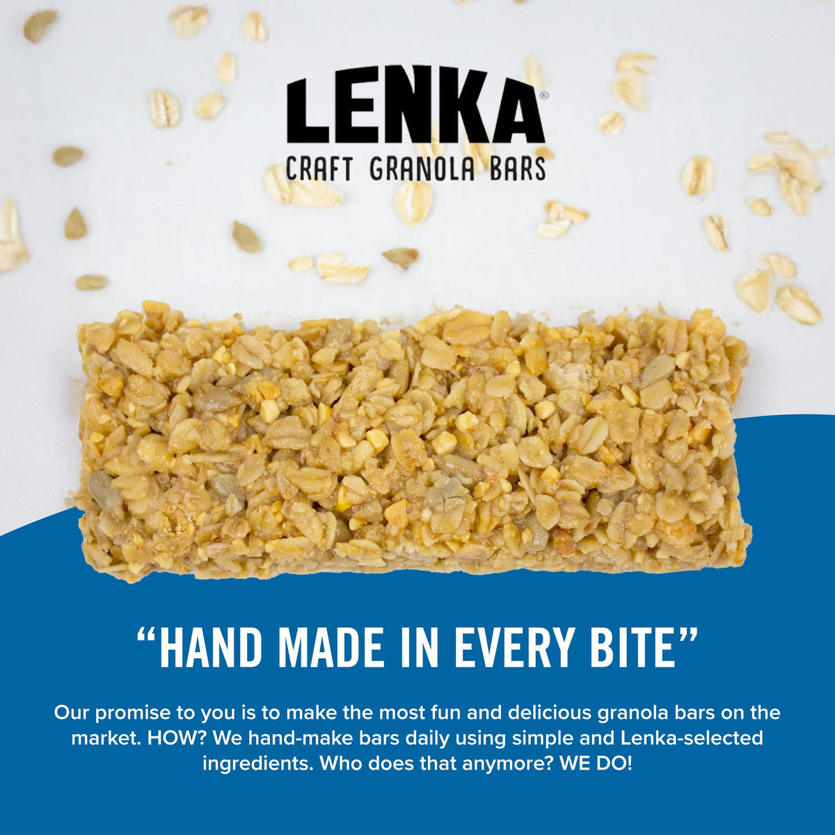 Lenka Bars fiber-rich blend close-up emphasizing oats and seeds for fullness.