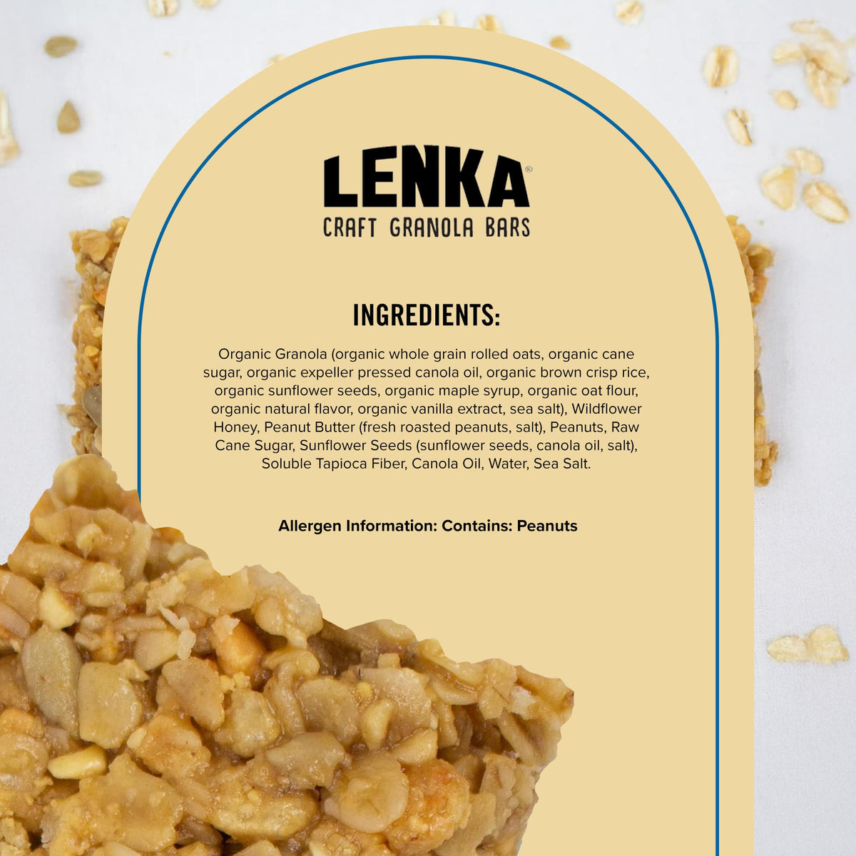 Lenka Bars ingredients close-up with oats and honey highlighting wholesome components.