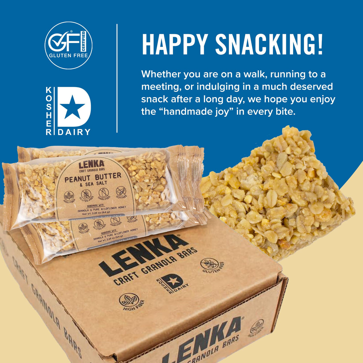 Lenka Bars twelve-pack display on a grocery shelf for easy purchasing.