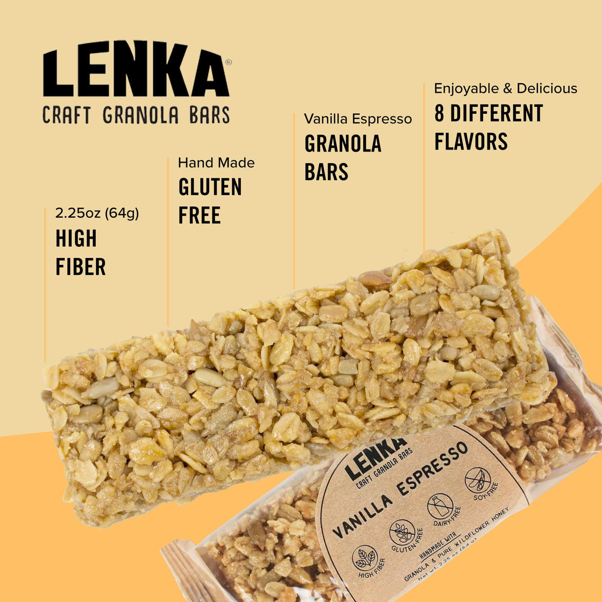 Lenka Vanilla Espresso bar close-up emphasizing fiber-rich content.