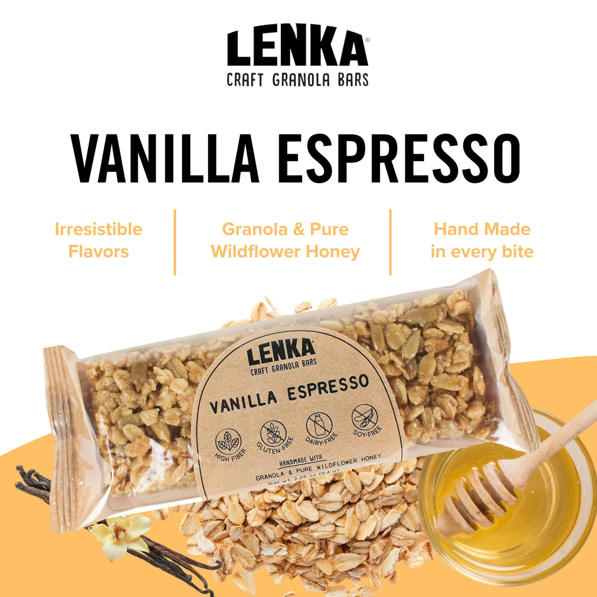 Lenka Vanilla Espresso ingredients panel with wholesome oats and seeds.