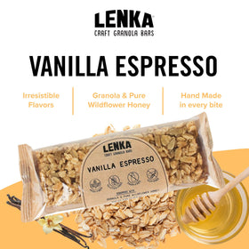 Lenka Vanilla Espresso ingredients panel with wholesome oats and seeds.