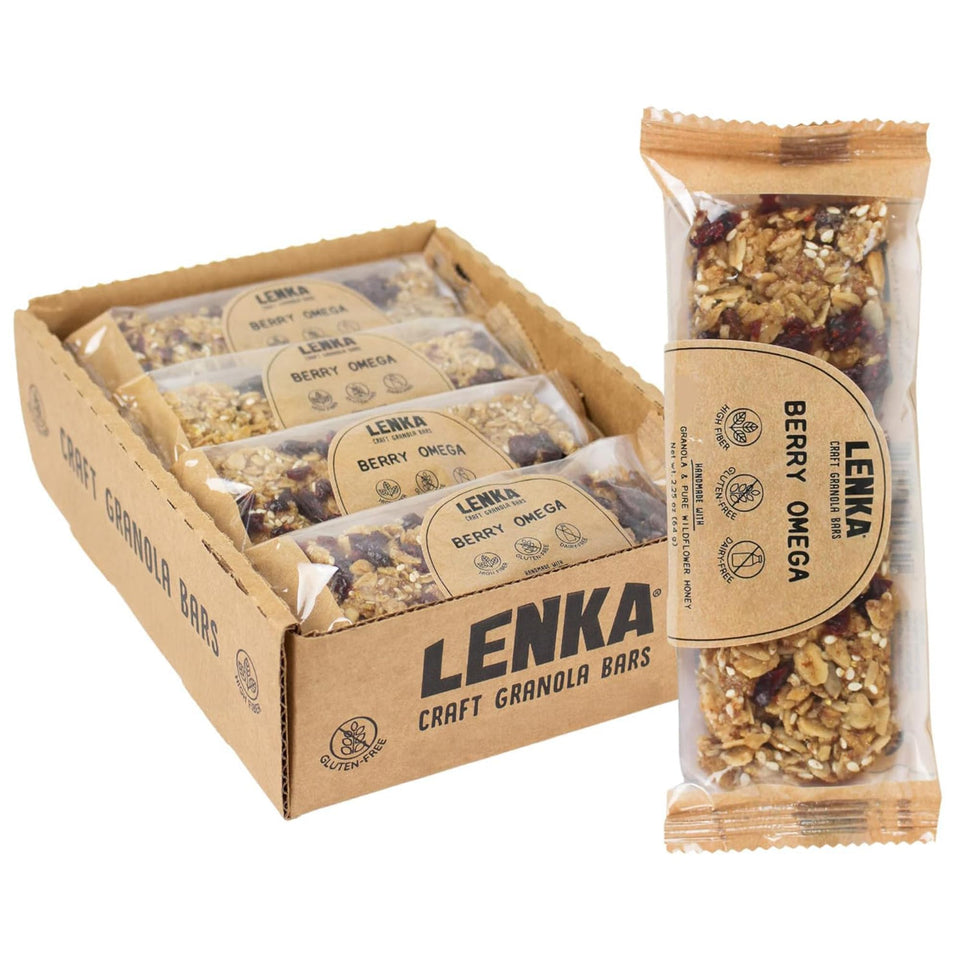 Lenka Berry Omega Snack Bars 12-pack on the shelf, ideal for on-the-go fueling.