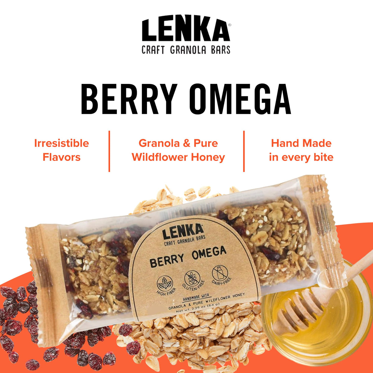 Lenka Berry Omega bars ingredients spread, highlighting oats, honey, and dried fruit for wholesome flavor.