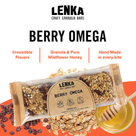 Lenka Berry Omega bars ingredients spread, highlighting oats, honey, and dried fruit for wholesome flavor.