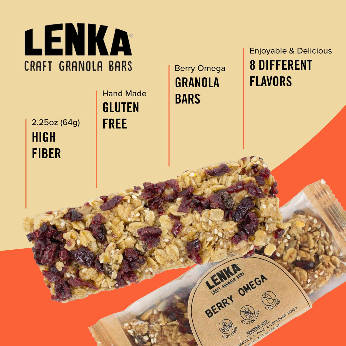 Lenka Berry Omega snack bars packaging display, convenient individually wrapped for lunchboxes.