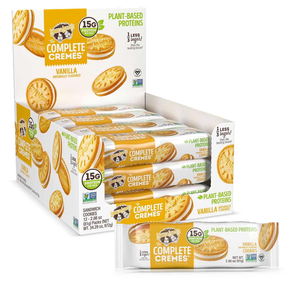 Lenny & Larry's The Complete Cremes Vanilla cookie, front view, showcasing creamy vegan filling for a satisfying snack.