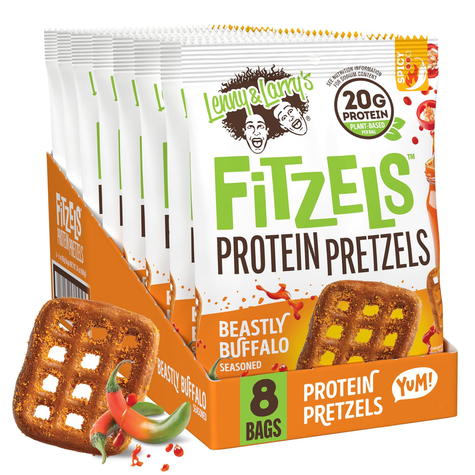 Lenny & Larry's FITZELS Beastly Buffalo packaging shows eight-pack protein pretzels for on-the-go snacking