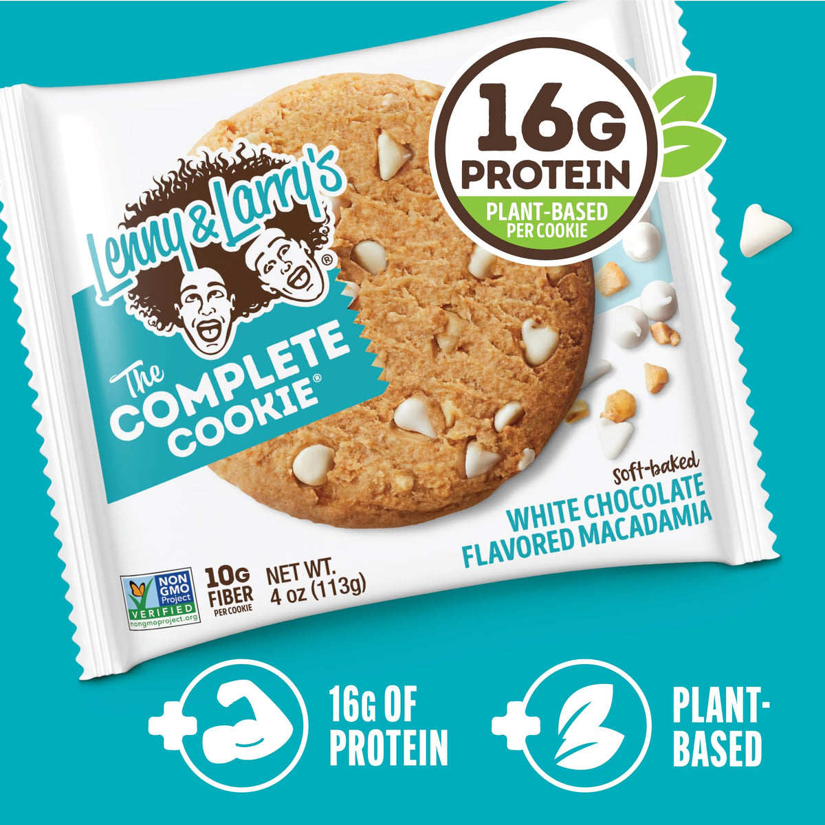 Lenny & Larrys cookie bite highlighting 16 g plant protein per cookie