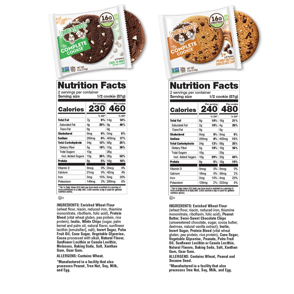 Lenny & Larry's Chocolate Lovers pack with nutrition label, vegan, non-GMO attributes