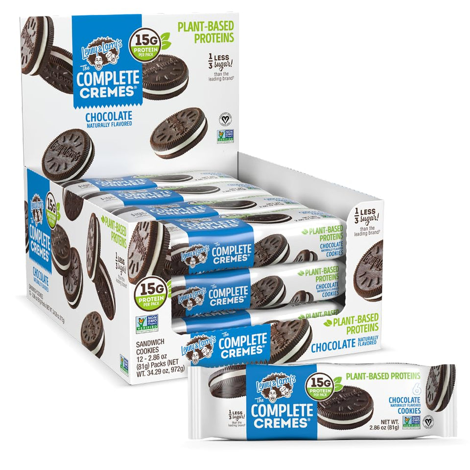 Lenny & Larry's Complete Cremes chocolate box shows six cookies for on-the-go snacking.