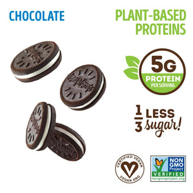 Closeup of Complete Cremes chocolate sandwich cookies with protein-packed texture.