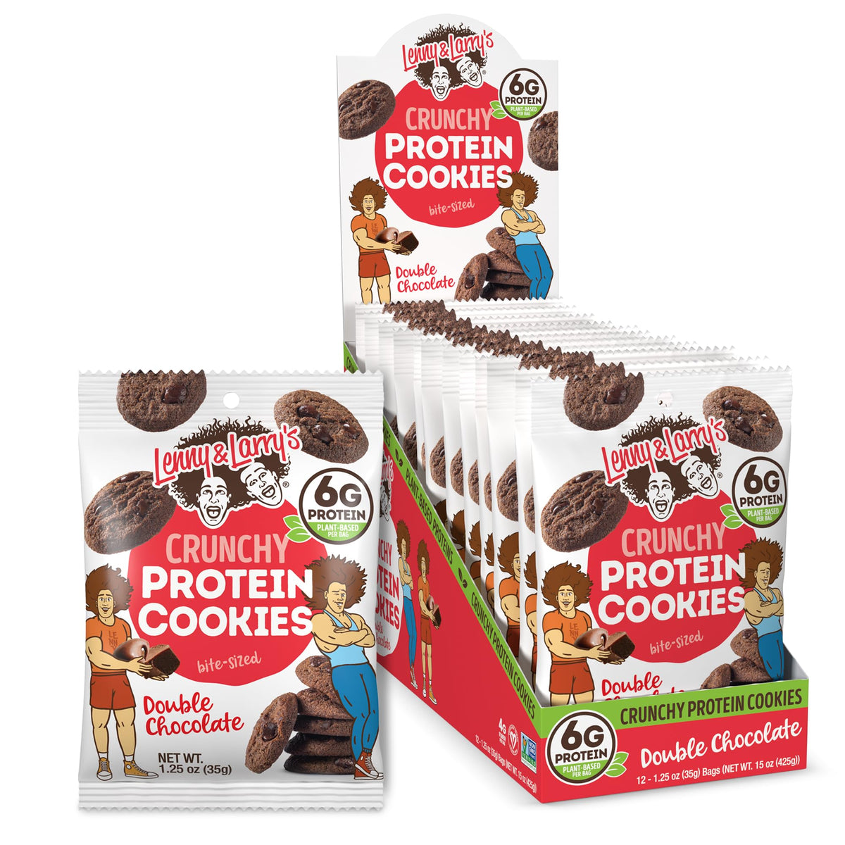 Lenny & Larry's Complete Crunchy Cookie Double Chocolate front pack view highlighting protein-packed snack.