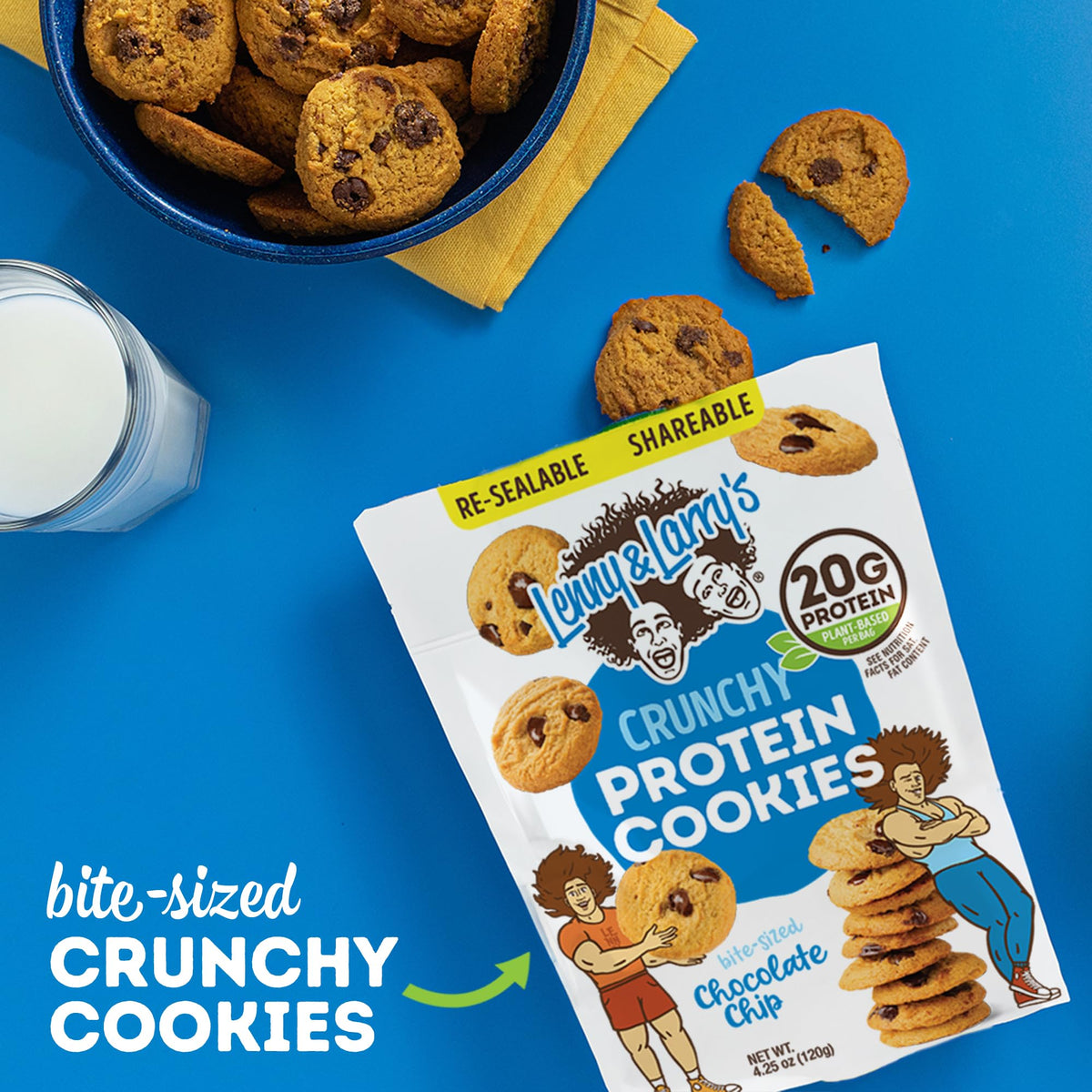Ingredients label for Lenny & Larry's Complete Crunchy Cookie showing vegan and non-GMO status.