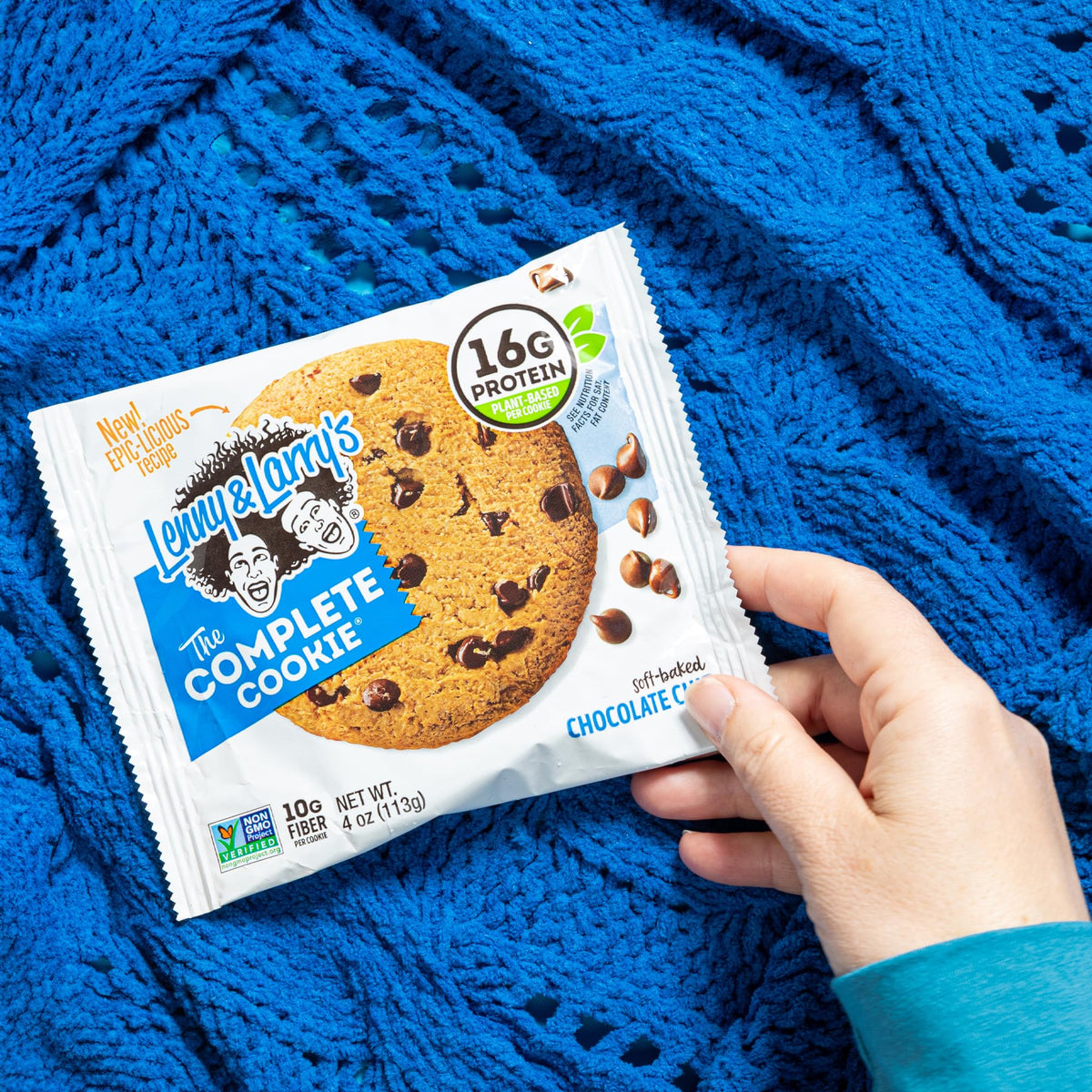 Close-up of a bite with visible chocolate chips.