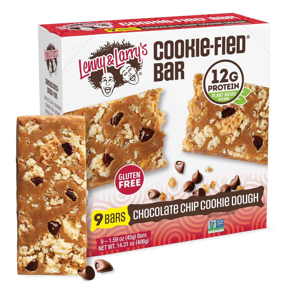 Lenny & Larry's Cookie-fied Bar packaging showing vegan chocolate chip flavor and protein-packed snack.