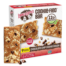 Lenny & Larry's Cookie-fied Bar packaging showing vegan chocolate chip flavor and protein-packed snack.