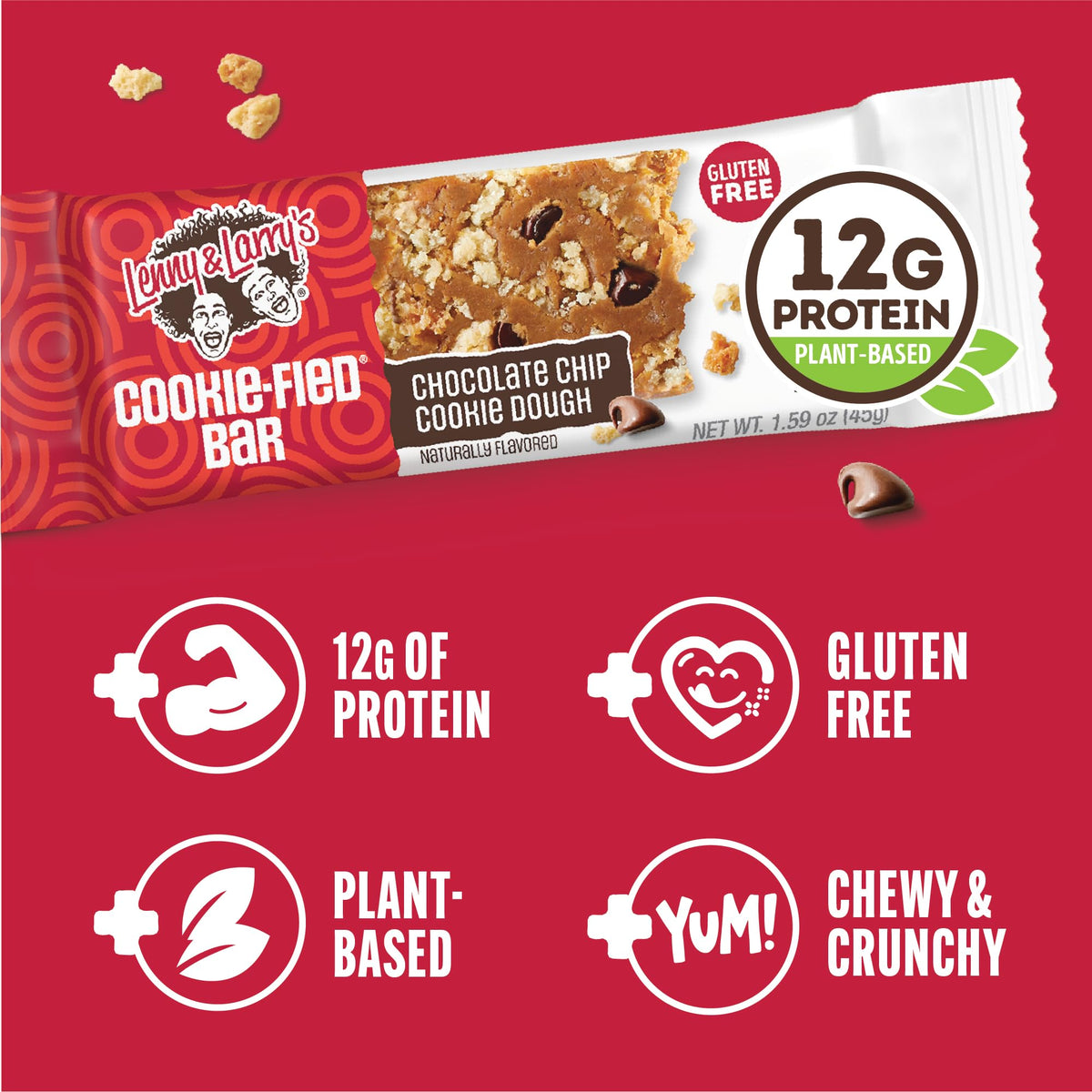 Lenny & Larry's Cookie-fied Bar ingredients showcasing plant-based protein and fiber components.