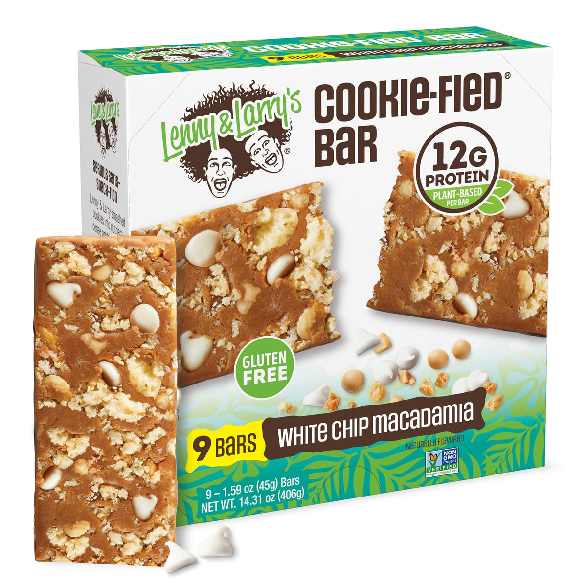Lenny & Larry's Cookie-fied Bar White Chip Macadamia packaging for on-the-go snacking