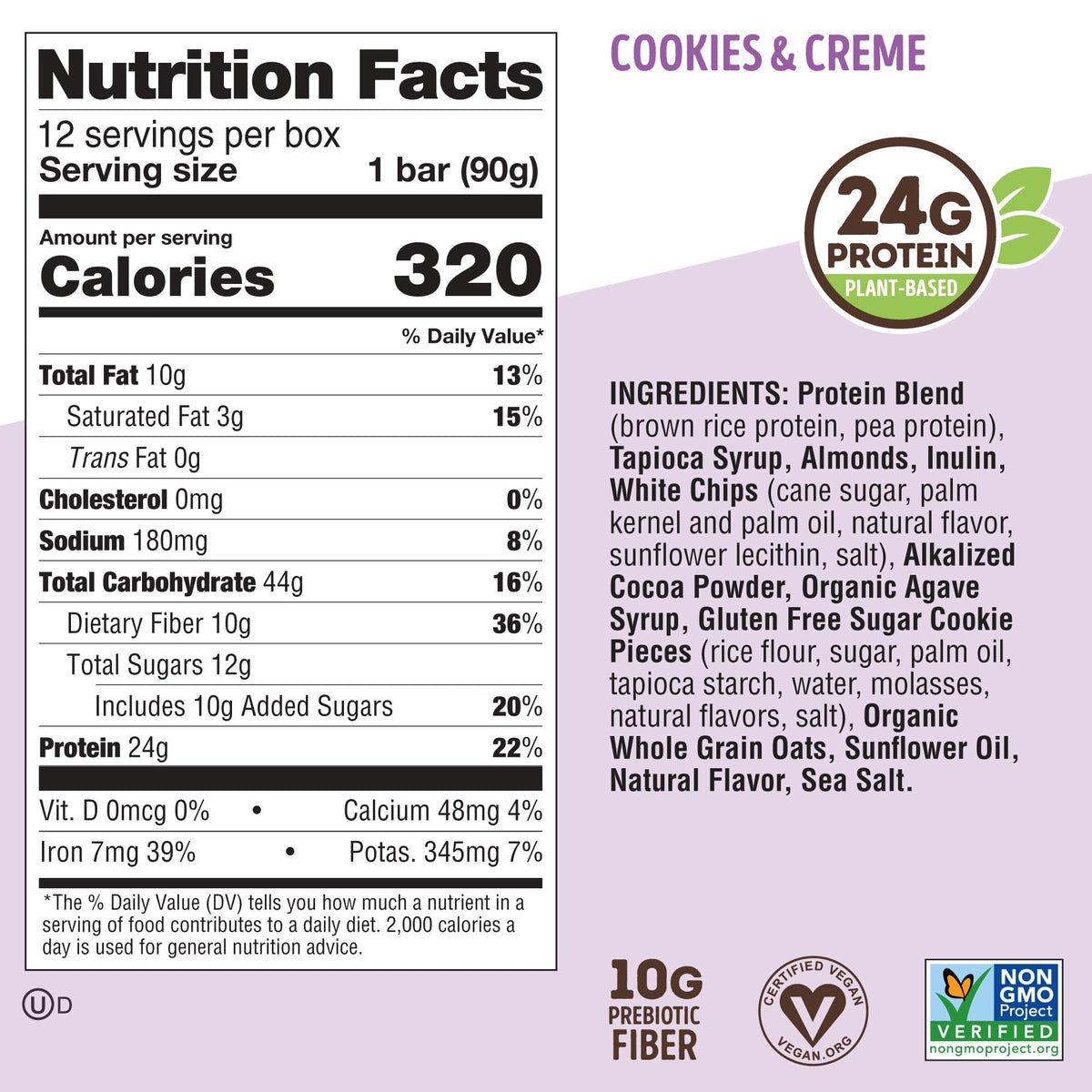 Nutrition panel on Lenny & Larry's Cookie-fied Big Bar shows 24g protein and 10g fiber