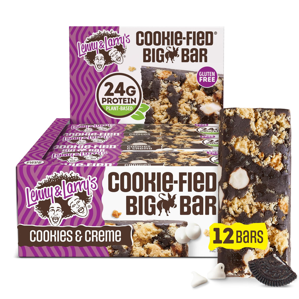 Lenny & Larry's Cookie-fied Big Bar Cookies & Creme pack highlighting vegan protein