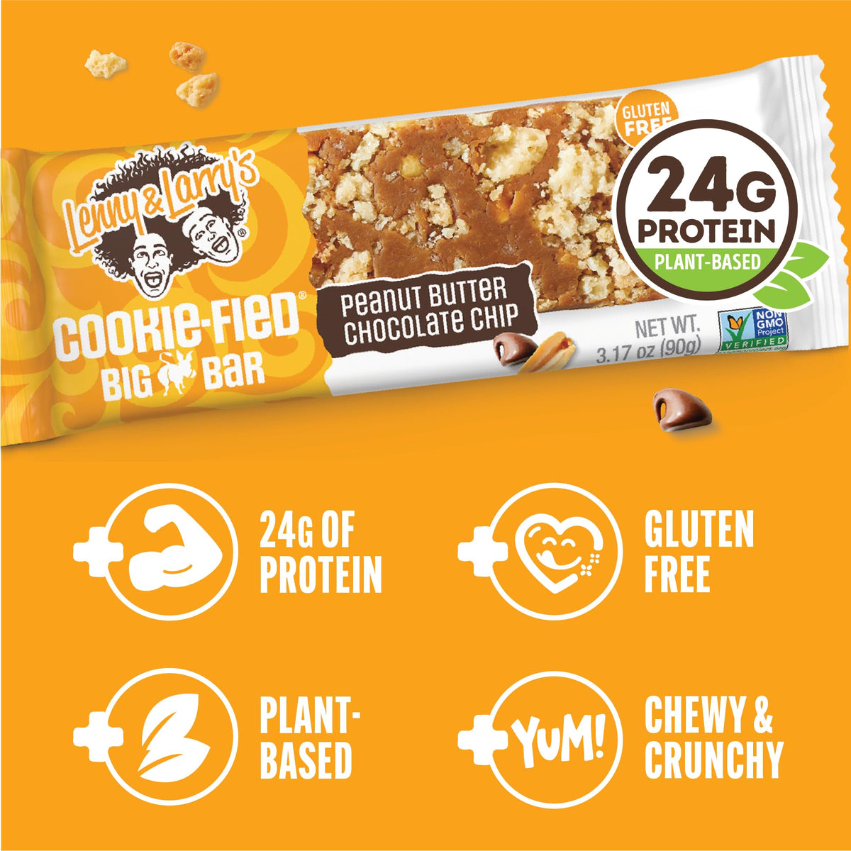 Lenny & Larry's Cookie-fied Big Bar gluten-free vegan label visible on wrapper.