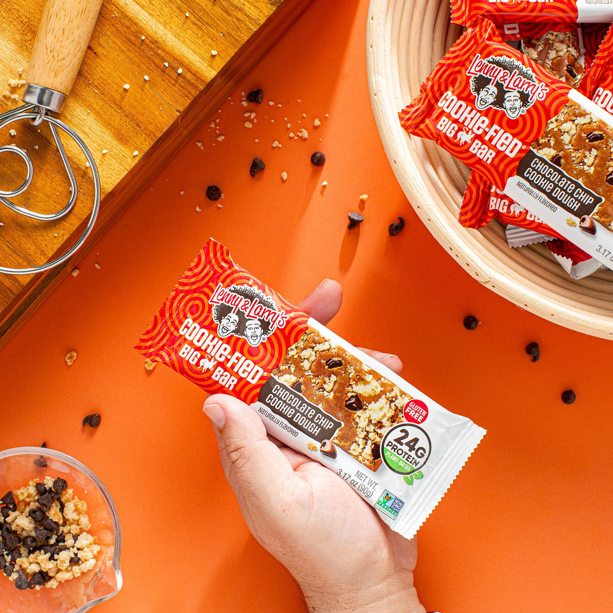 Lenny & Larry's Cookie-fied BIG BAR nutrition facts label highlights 24g protein per bar.