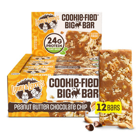 Lenny & Larry's Cookie-fied Big Bar unwrapped, showing peanut butter chips and protein.