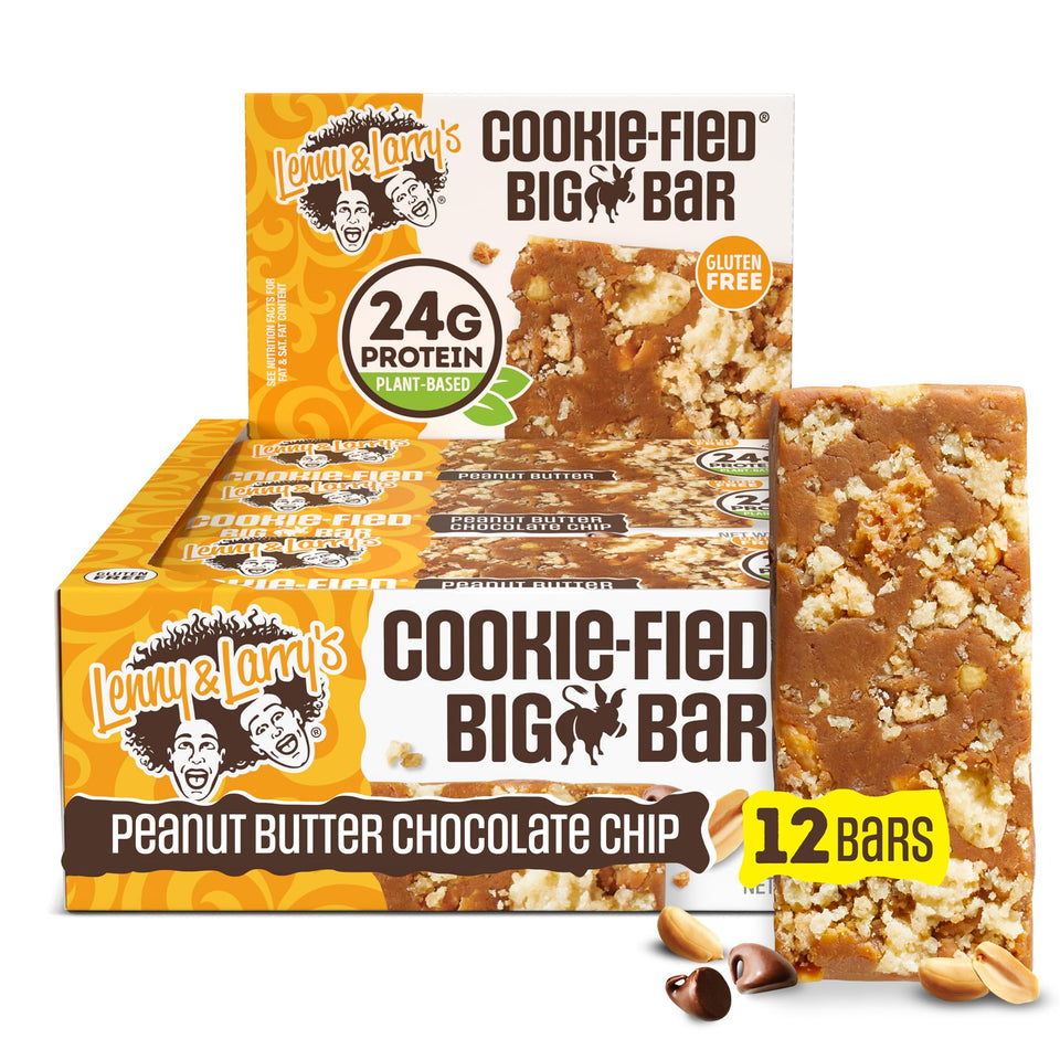 Lenny & Larry's Cookie-fied Big Bar unwrapped, showing peanut butter chips and protein.