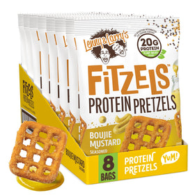 Lenny & Larry's FITZELS Bougie Mustard bag showing bold flavor and protein-rich snack
