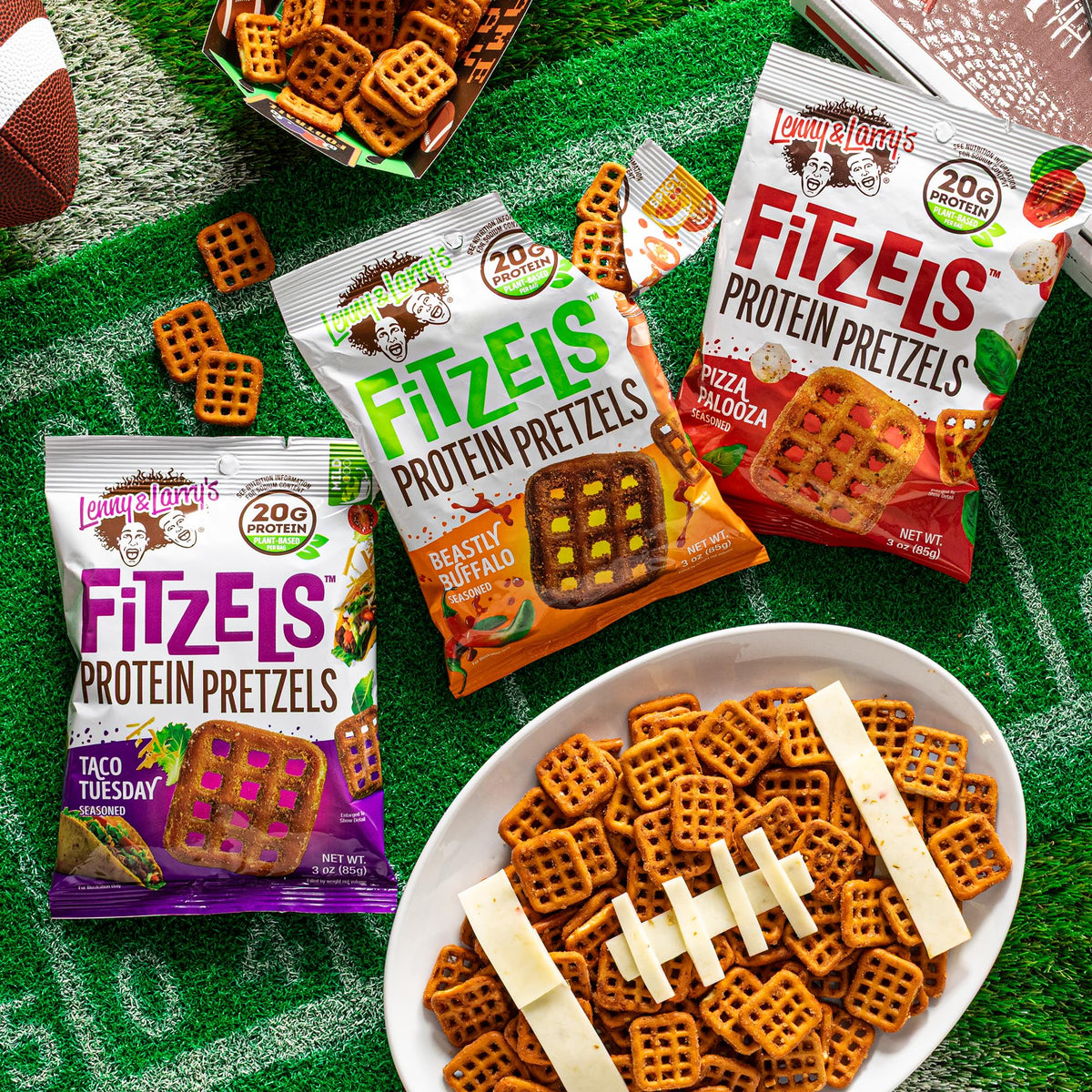 Lenny & Larry's FITZELS buffalo flavor close-up showing savory kick and protein.