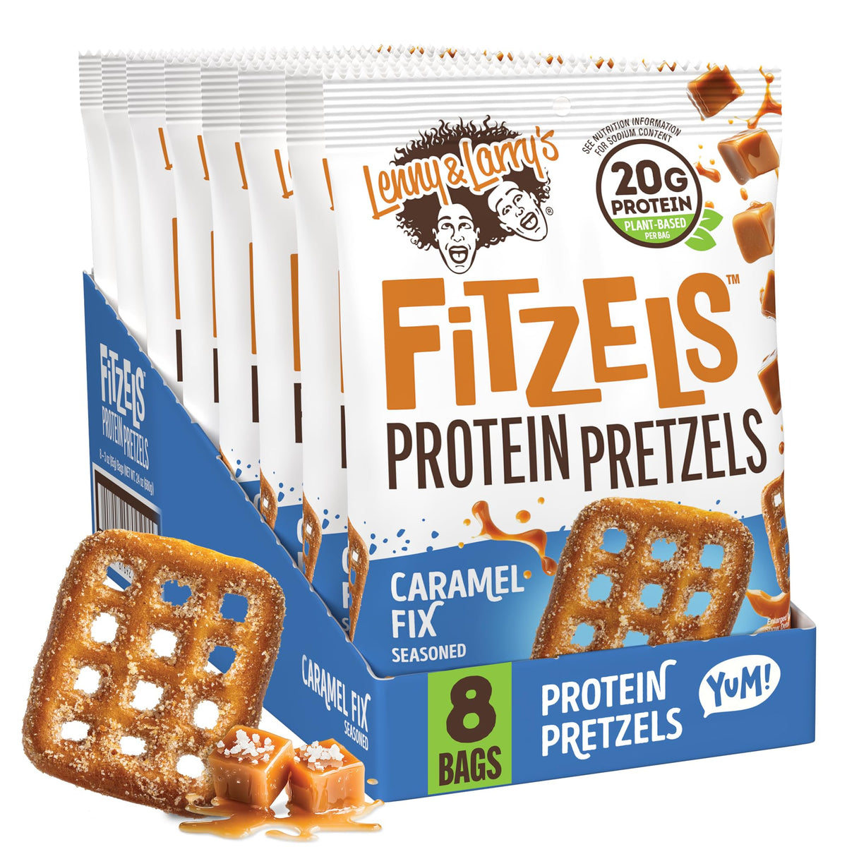 Lenny & Larry's FITZELS Caramel Fix bag front, protein snack on the go.