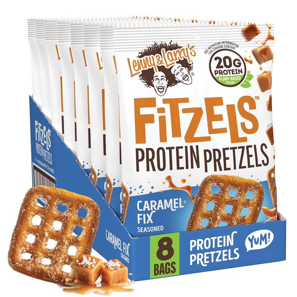 Lenny & Larry's FITZELS Caramel Fix bag front, protein snack on the go.