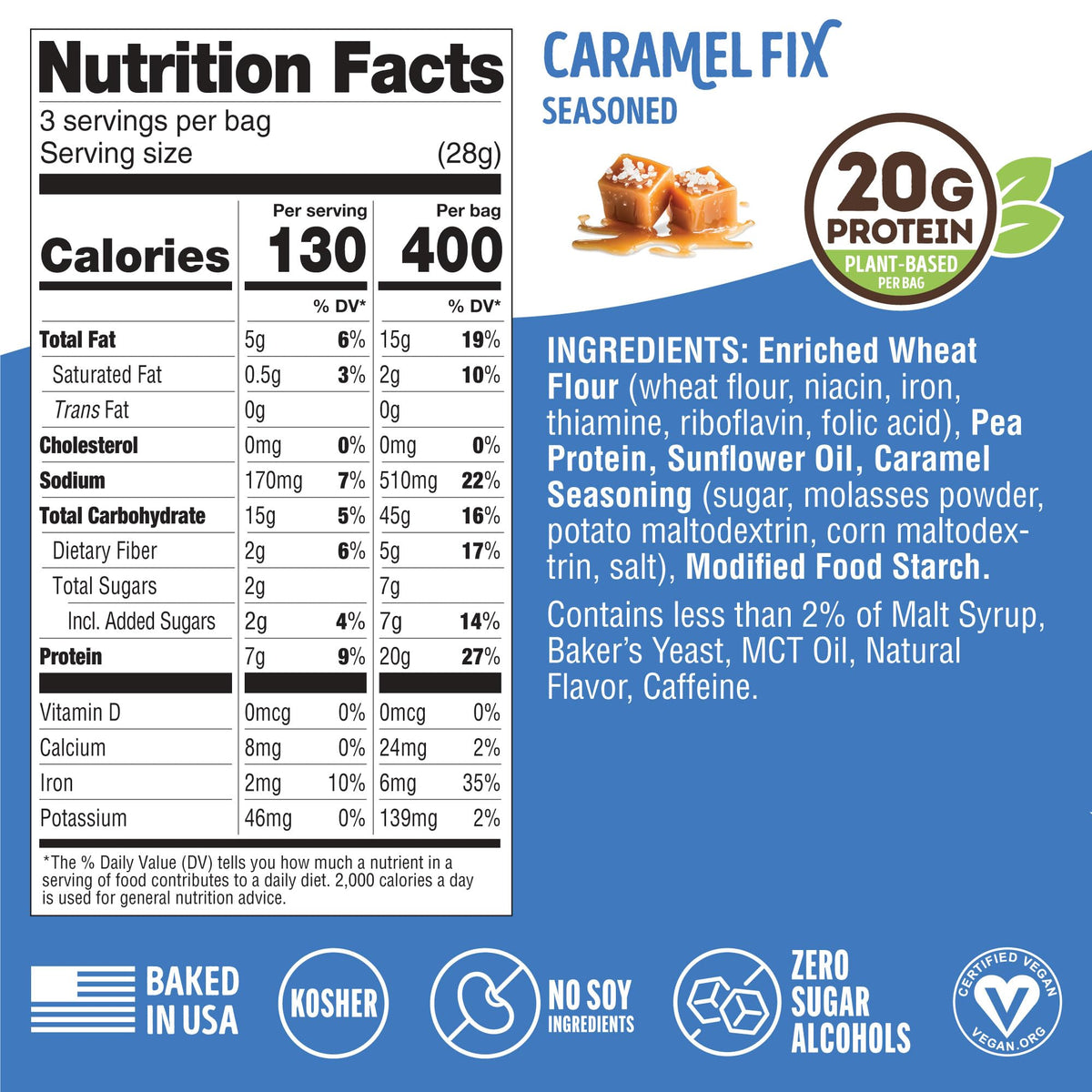 US-made, Non-GMO FITZELS Caramel Fix protein pretzels.
