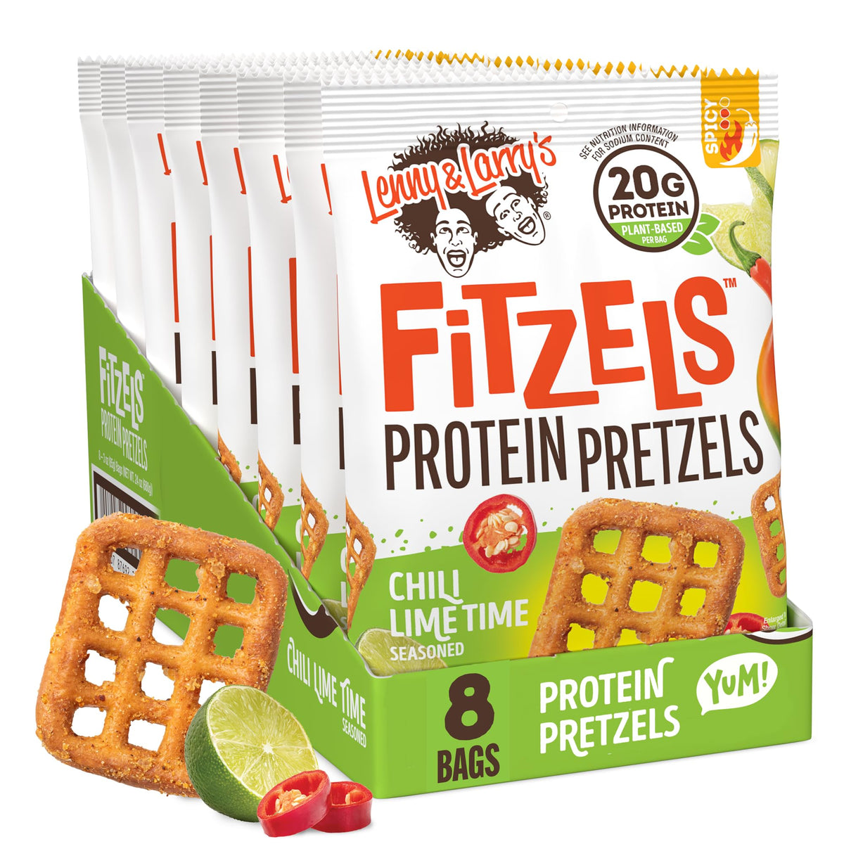Lenny & Larry's FITZELS Chilli Lime Time bag front, a bold protein pretzel snack.