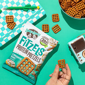 Nutrition label highlights 20g plant-based protein per bag from FITZELS Cinnamon Buns.