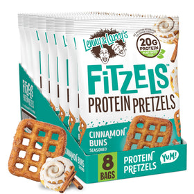 Lenny & Larry's FITZELS Cinnamon Buns packaging showing a protein-packed pretzel snack.