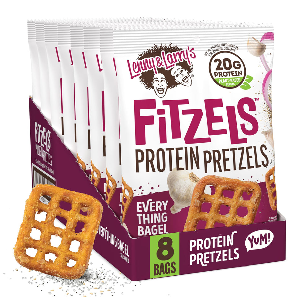 Lenny & Larry's Fitzels Everything Bagel Pretzel pack for high-protein on-the-go snacking.
