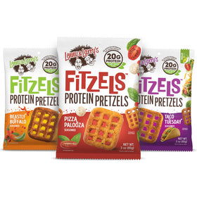 Lenny & Larry's FITZELS Game Time front-pack display for high-protein snacking.
