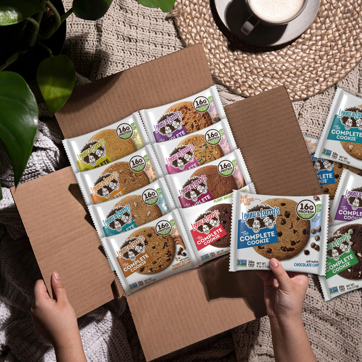 Lenny & Larry's flavor variety image features chocolate chip and peanut butter options.