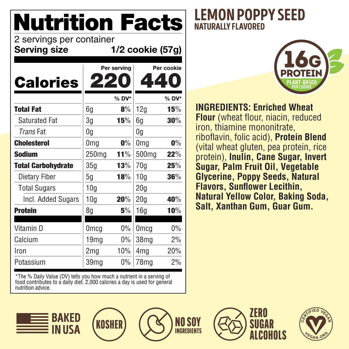 Lenny & Larry's Lemon Poppy Seed cookie ingredients with vegan and non-GMO labels.
