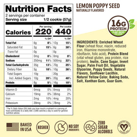 Lenny & Larry's Lemon Poppy Seed cookie ingredients with vegan and non-GMO labels.