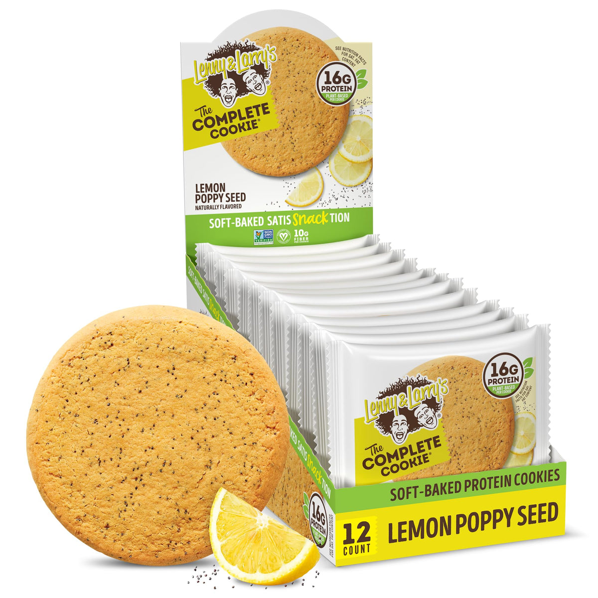 Lenny & Larry's Lemon Poppy Seed cookies in a 12-pack, protein-packed vegan snack.