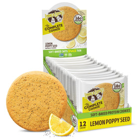 Lenny & Larry's Lemon Poppy Seed cookies in a 12-pack, protein-packed vegan snack.